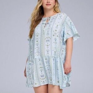 Torrid - Belle Isle Palm Blue Evil Eye Mosaic Popover Tie-Neck Mini Dress - 4X